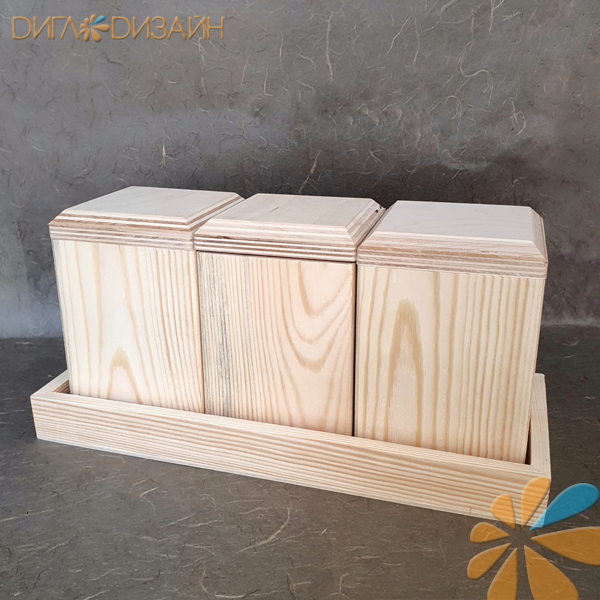 Заготовка из сосны, Набор 3 короба для специй Карри на подставке. Коробка 10*10*15 см